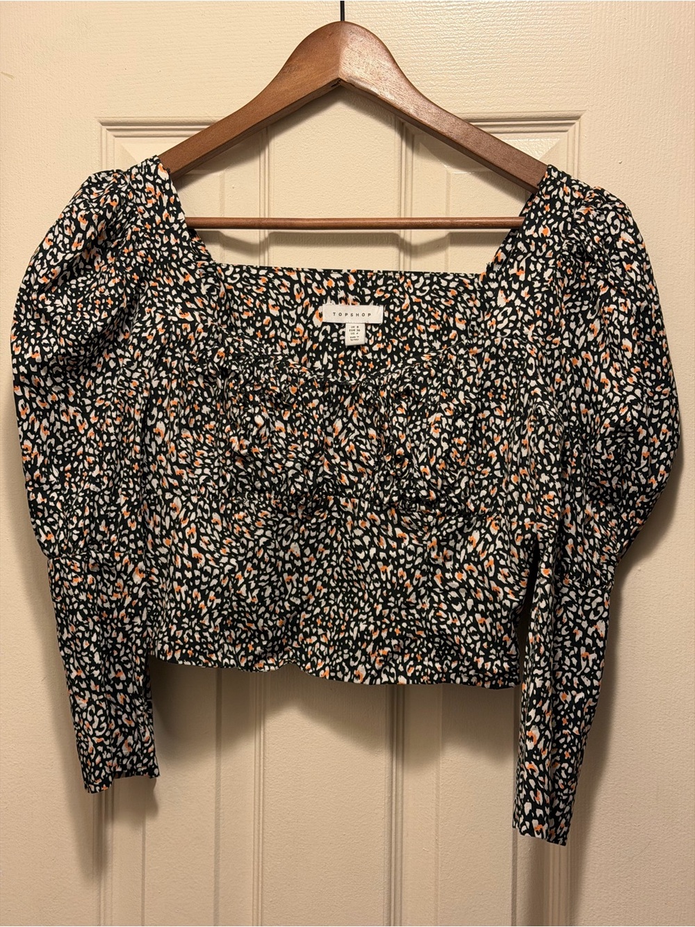 Topshop Black Puff-Sleeve Leopard animal Print Crop blouse Top sweetheart 3/4 4
